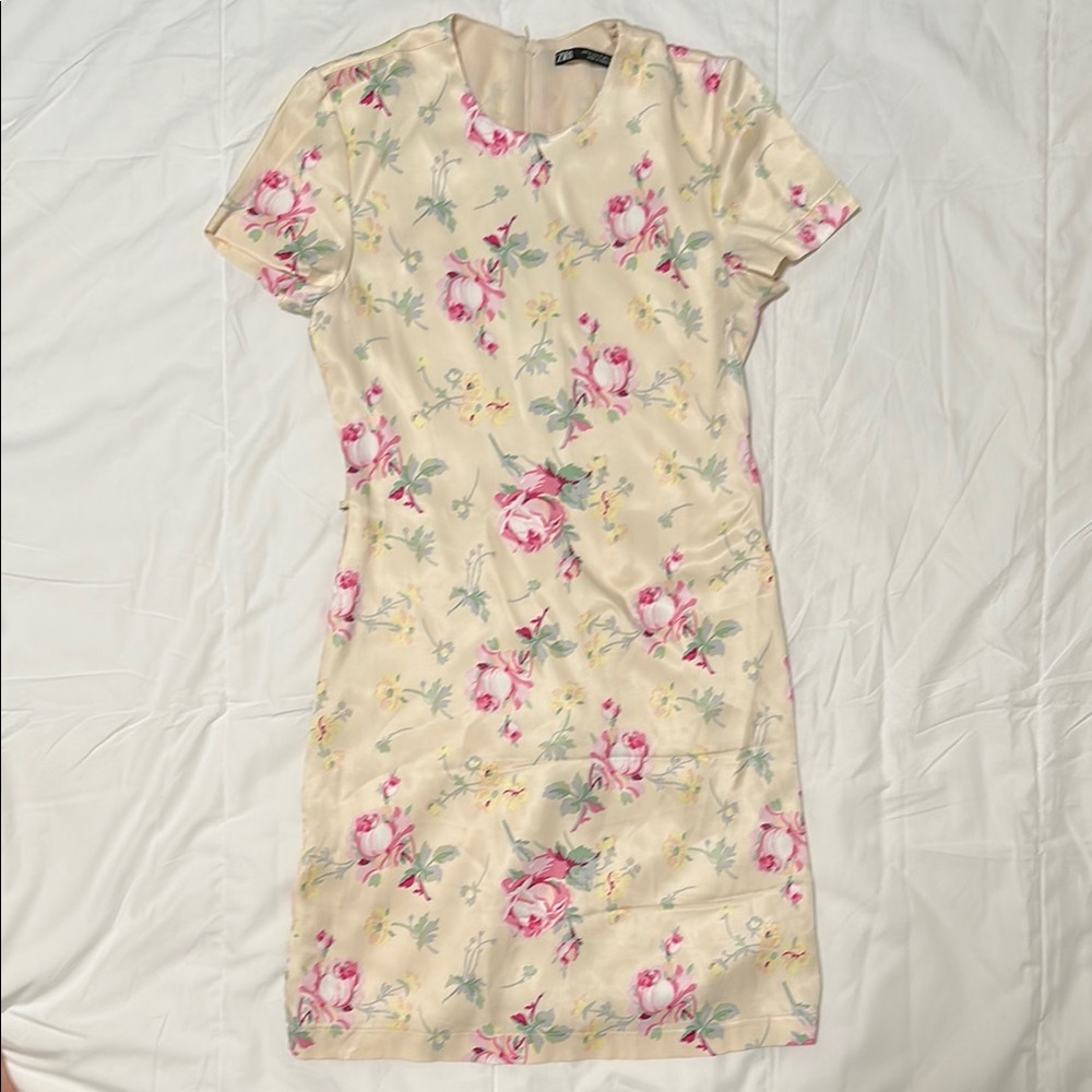 Zara Cream Dress with Pink Floral Design